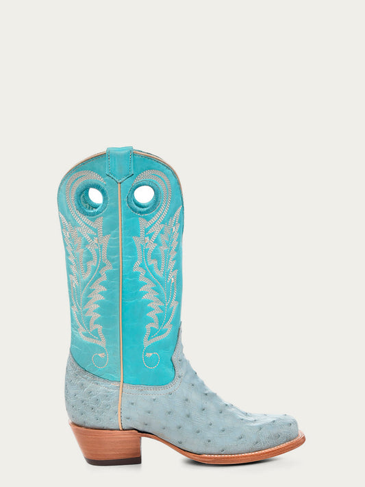 A4563 - WOMEN'S EMBROIDERY AND CUT OUT BLUE OSTRICH SQUARE TOE COWBOY BOOT