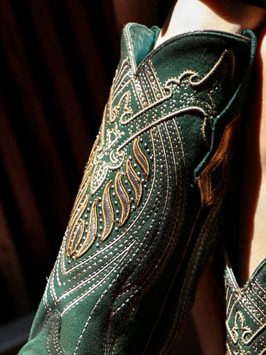 A4714 - WOMEN'S OVERLAY EMBROIDERY AND STUDS GREEN SNIP TOE COWBOY BOOTS