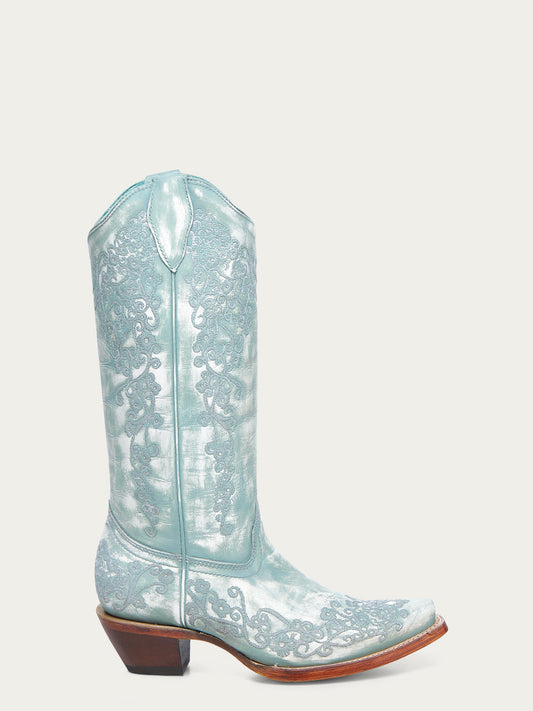 A4799 - WOMEN'S FLORAL EMBROIDERY FADED TURQUOISE SNIP TOE COWBOY BOOT