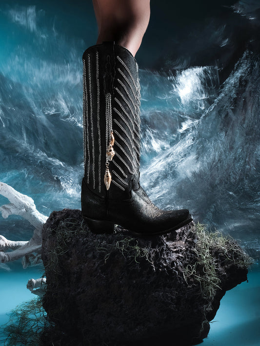 C4217 - WOMEN'S EMBROIDERY AND DELICATE CHAIN DETAILS WITH SHELL HANGING TALL TOP BLACK SNIP TOE COWBOY BOOT