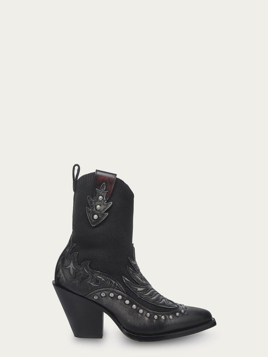 C4220 - WOMEN'S EMBOIDERY, OVERLAY AND STUDS BLACK ELASTIC TEXTILE SNIP TOE COWBOY BOOT