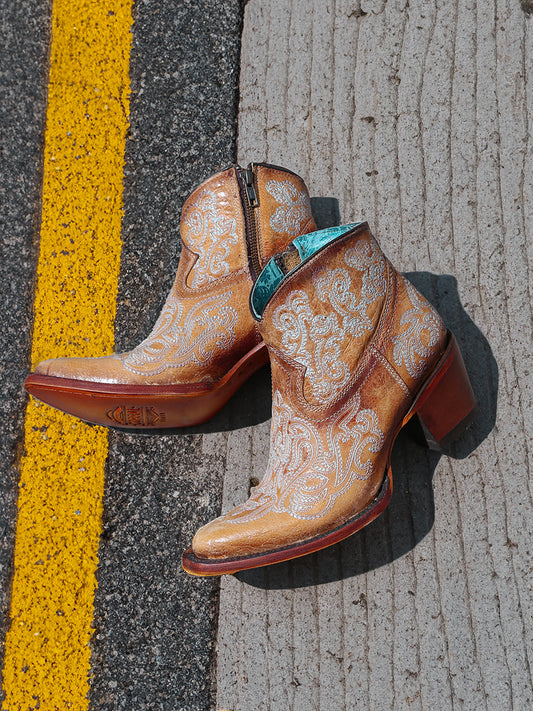 A4581 - WOMEN'S LUMINESCENT EMBROIDERY STRAW BLUE J-TOE ANKLE BOOT WITH ZIPPER