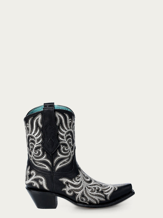 Z5305 - WOMEN'S WHITE EMBROIDERY BLACK ANKLE SNIP TOE COWBOY BOOT