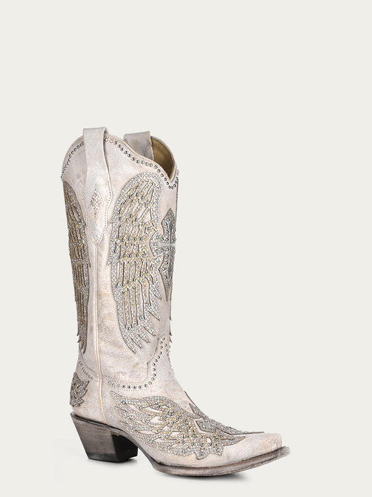 A3571 - WOMEN'S GLITTER INLAY CROSS AND WINGS EMBROIDERY WHITE SNIP TOE COWBOY BOOT