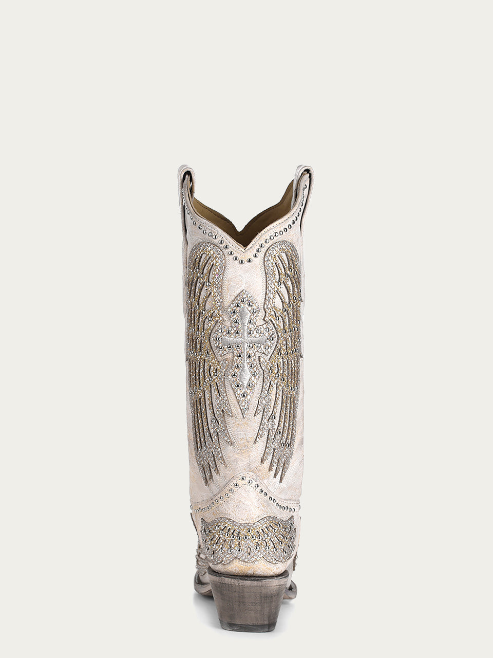 A3571 - WOMEN'S GLITTER INLAY CROSS AND WINGS EMBROIDERY WHITE SNIP TOE COWBOY BOOT