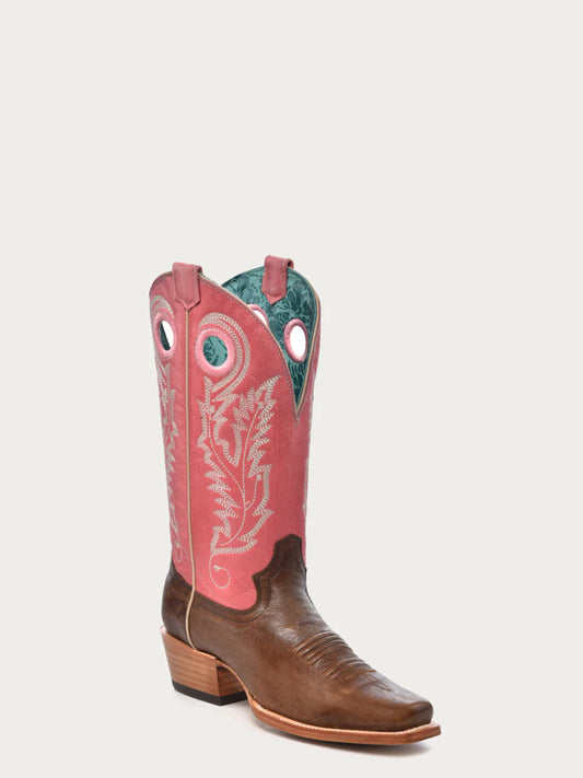 A4459 - WOMEN'S PINK GOAT EMBROIDERY BROWN SQUARE TOE COWBOY BOOT WITH PULL HOLES