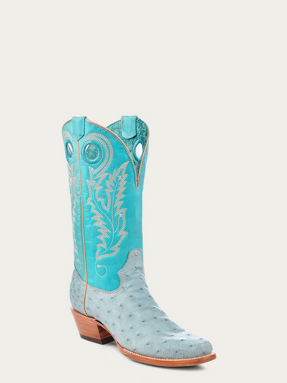 A4563 - WOMEN'S EMBROIDERY AND CUT OUT BLUE OSTRICH SQUARE TOE COWBOY BOOT