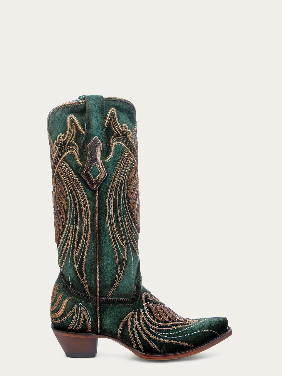 A4714 - WOMEN'S OVERLAY EMBROIDERY AND STUDS GREEN SNIP TOE COWBOY BOOTS