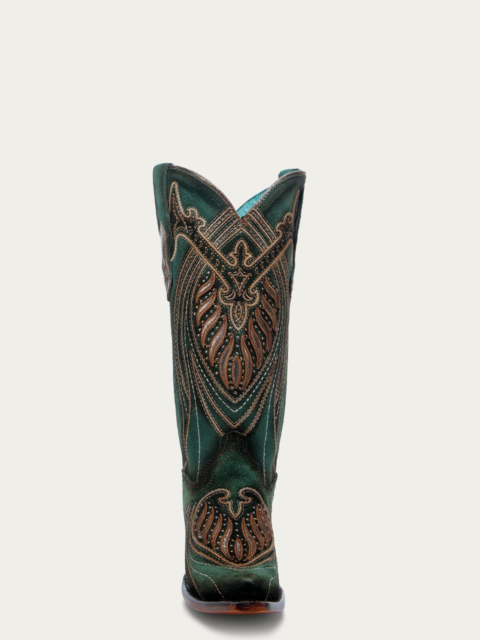 A4714 - WOMEN'S OVERLAY EMBROIDERY AND STUDS GREEN SNIP TOE COWBOY BOOTS