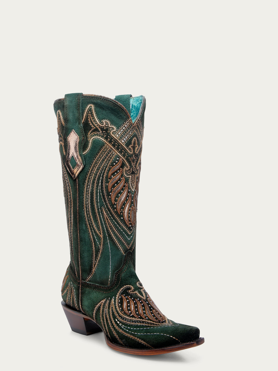 A4714 - WOMEN'S OVERLAY EMBROIDERY AND STUDS GREEN SNIP TOE COWBOY BOOTS