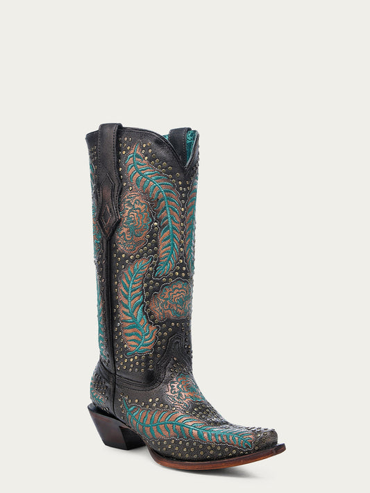 A4726 - WOMEN'S BLUE EMBROIDERY AND BRONZE STUDS BLACK SNIP TOE COWBOY BOOT