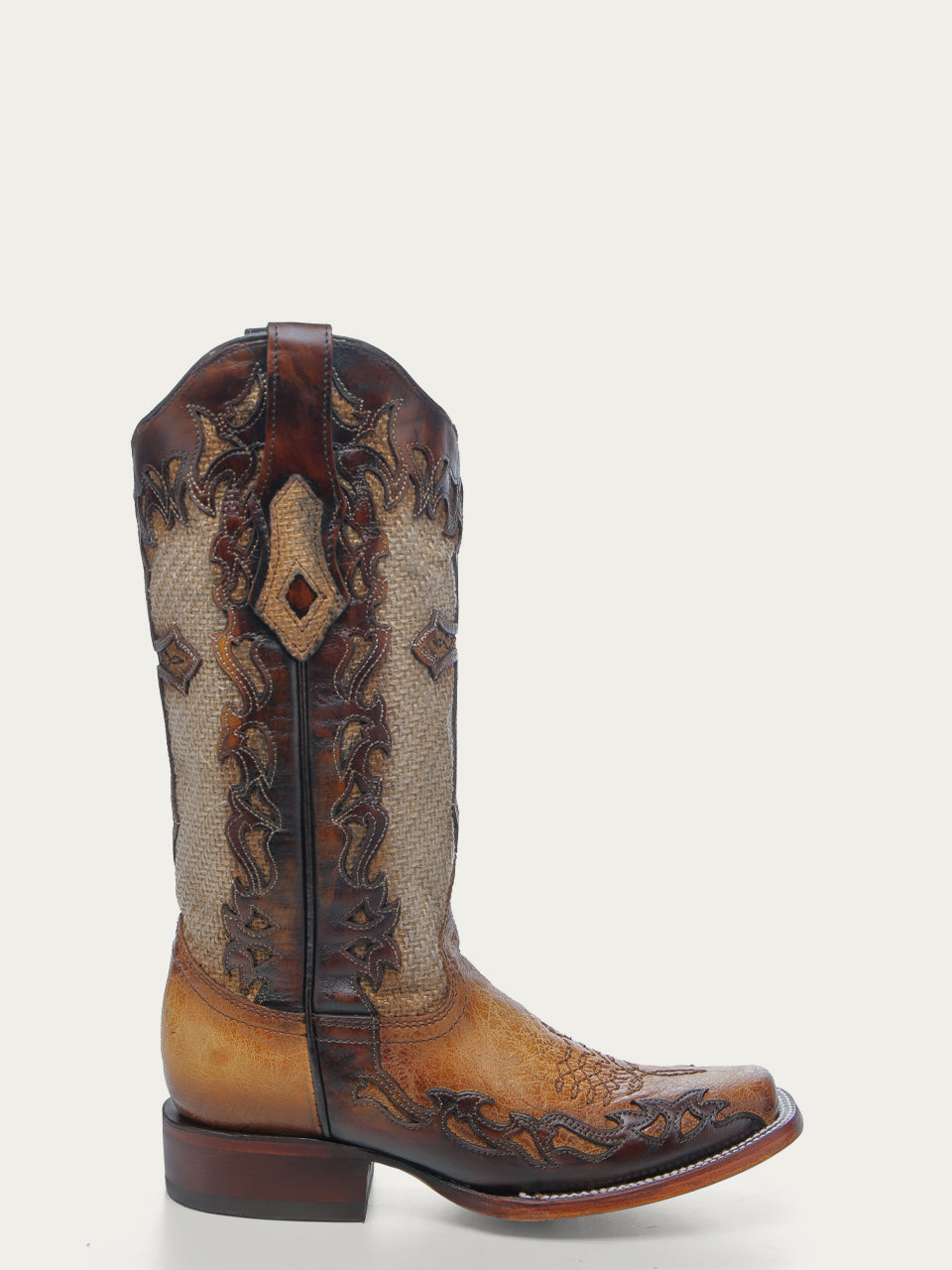 A4744 - WOMEN'S CROSS OVERLAY SAND JUTE WIDE SQUARE TOE COWBOY BOOT