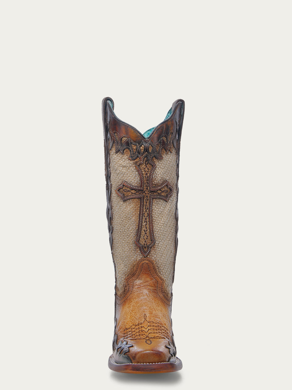 A4744 - WOMEN'S CROSS OVERLAY SAND JUTE WIDE SQUARE TOE COWBOY BOOT