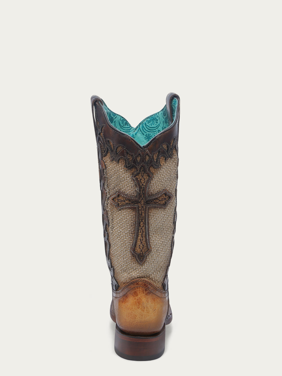 A4744 - WOMEN'S CROSS OVERLAY SAND JUTE WIDE SQUARE TOE COWBOY BOOT