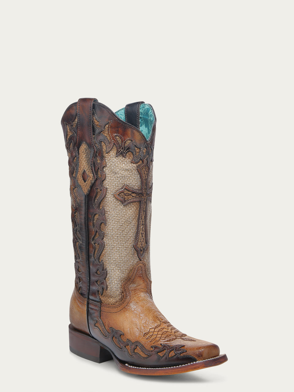 A4744 - WOMEN'S CROSS OVERLAY SAND JUTE WIDE SQUARE TOE COWBOY BOOT