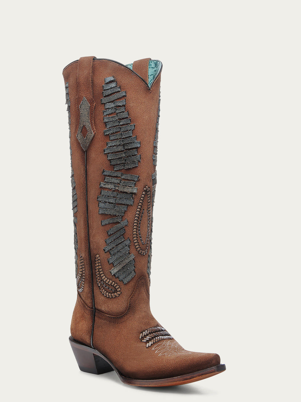 A4754 - WOMEN'S DENIM WOVEN TALL TOP COGNAC SNIP TOE COWBOY BOOT