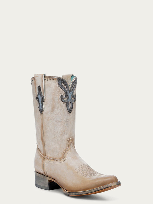 A4760 - WOMEN'S TURQUOISE OVERLAY EMBROIDERY AND STUDS SAND ROUND TOE COWBOY BOOT