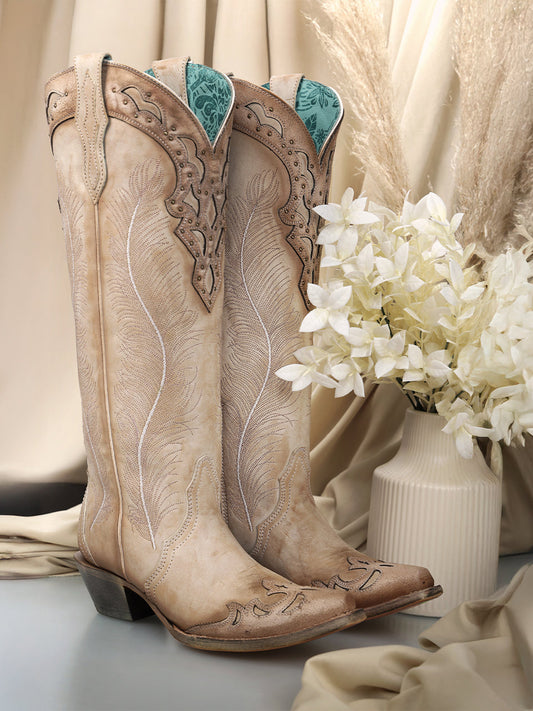 A4768 - WOMEN'S FEATHER EMBROIDERY WITH CRACKLED OVERLAY AND STUDS SAND SNIP TOE COWBOY BOOT