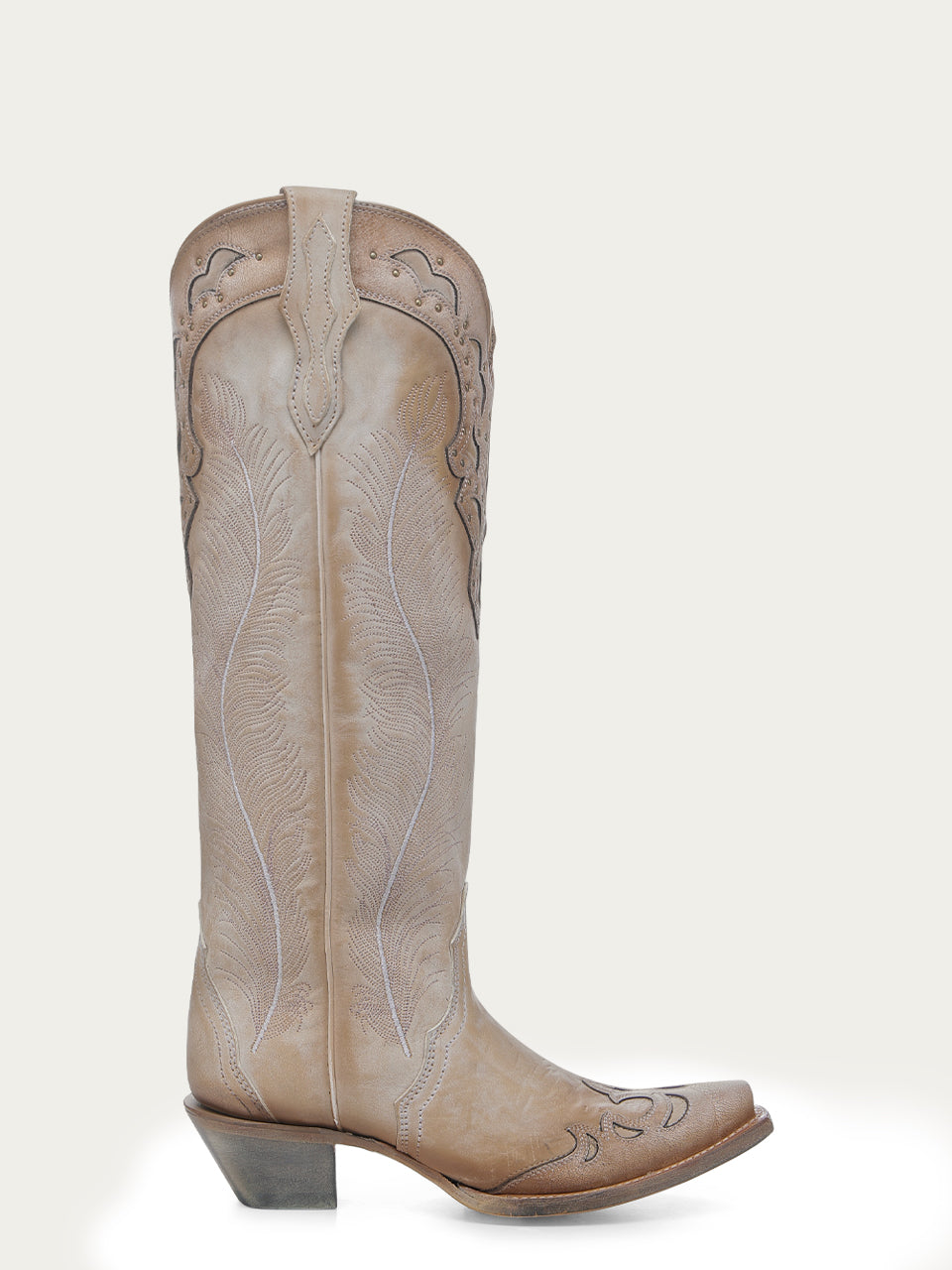 A4768 - WOMEN'S FEATHER EMBROIDERY WITH CRACKLED OVERLAY AND STUDS SAND SNIP TOE COWBOY BOOT