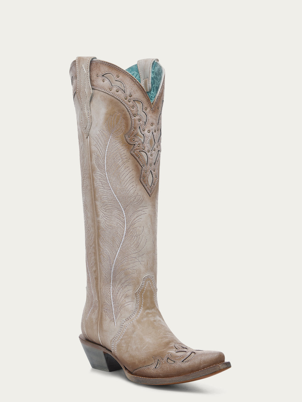 A4768 - WOMEN'S FEATHER EMBROIDERY WITH CRACKLED OVERLAY AND STUDS SAND SNIP TOE COWBOY BOOT
