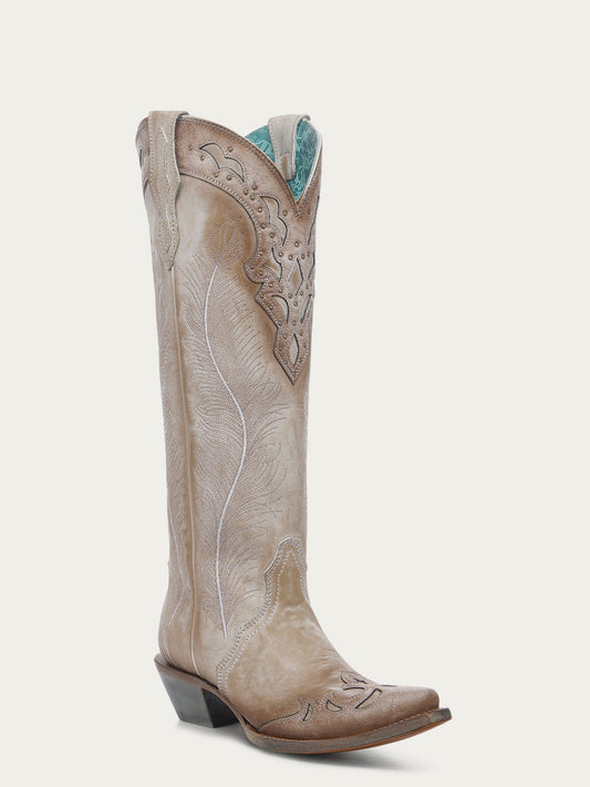 A4768 - WOMEN'S FEATHER EMBROIDERY WITH CRACKLED OVERLAY AND STUDS SAND SNIP TOE COWBOY BOOT
