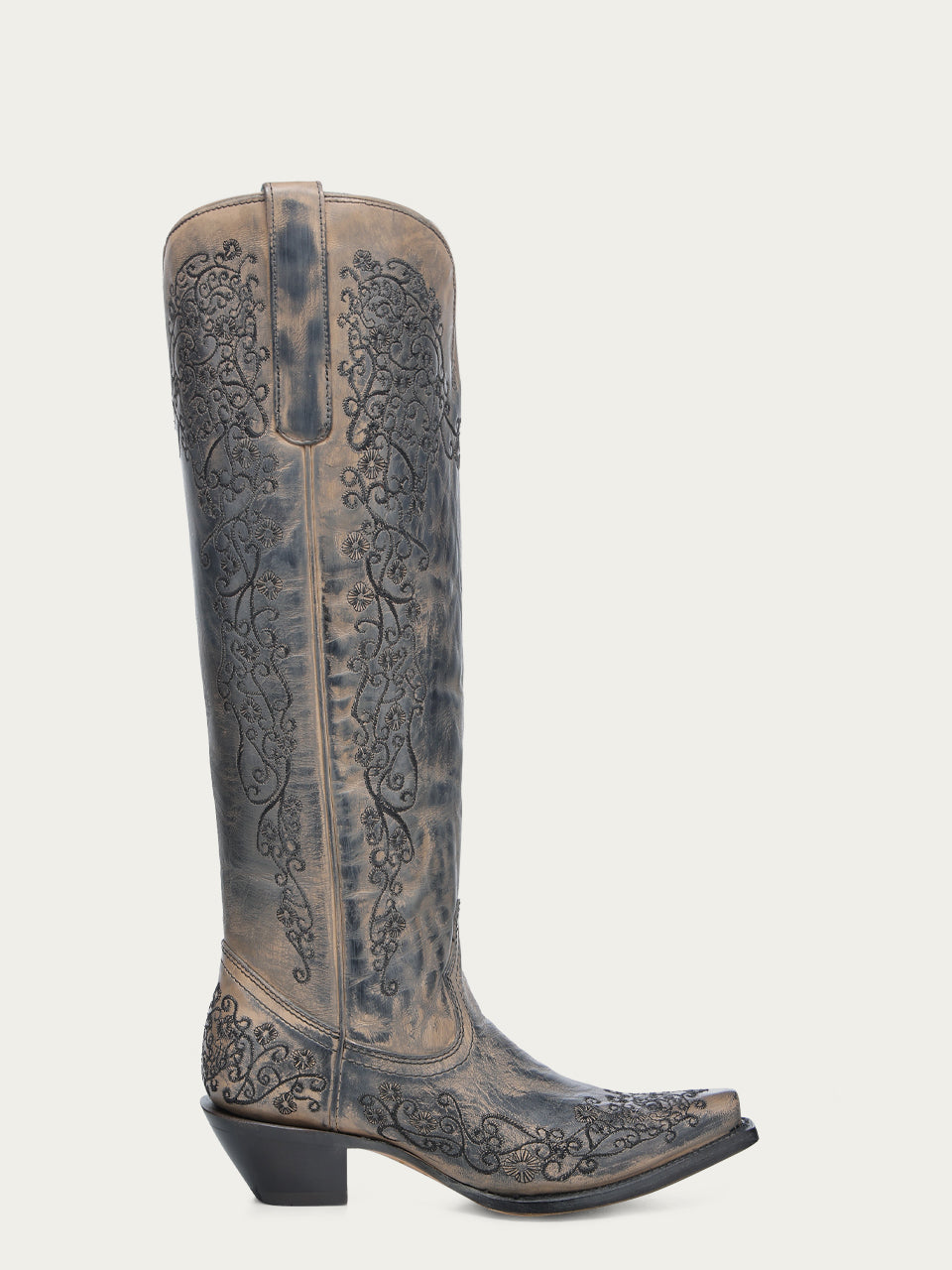 A4790 - WOMEN'S TAUPE FLORAL EMBROIDERY SNIP TOE TALL TOP COWBOY BOOT