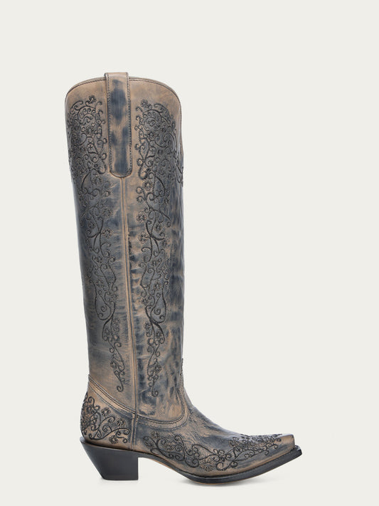 A4790 - WOMEN'S TAUPE FLORAL EMBROIDERY SNIP TOE TALL TOP COWBOY BOOT