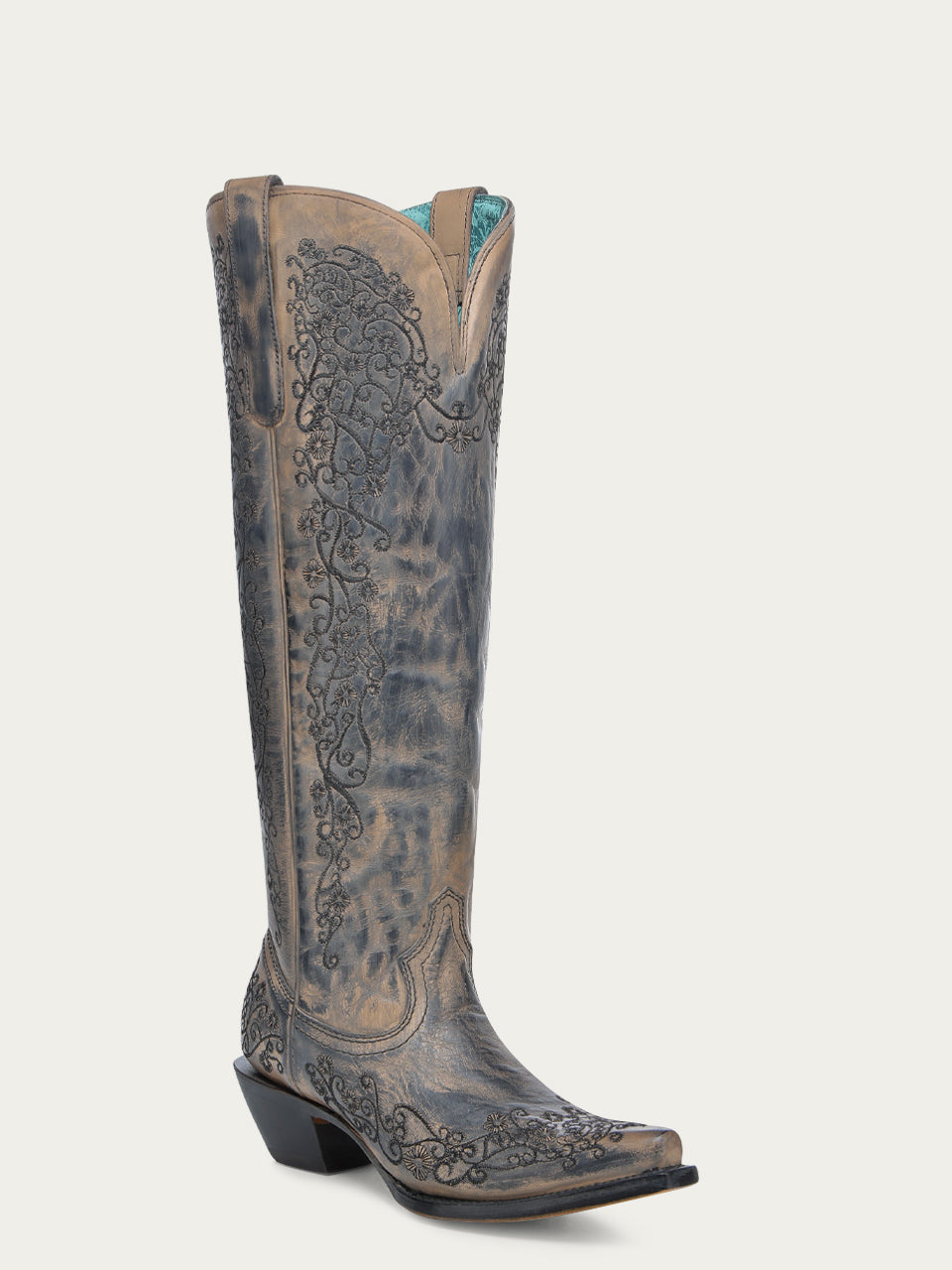 A4790 - WOMEN'S TAUPE FLORAL EMBROIDERY SNIP TOE TALL TOP COWBOY BOOT
