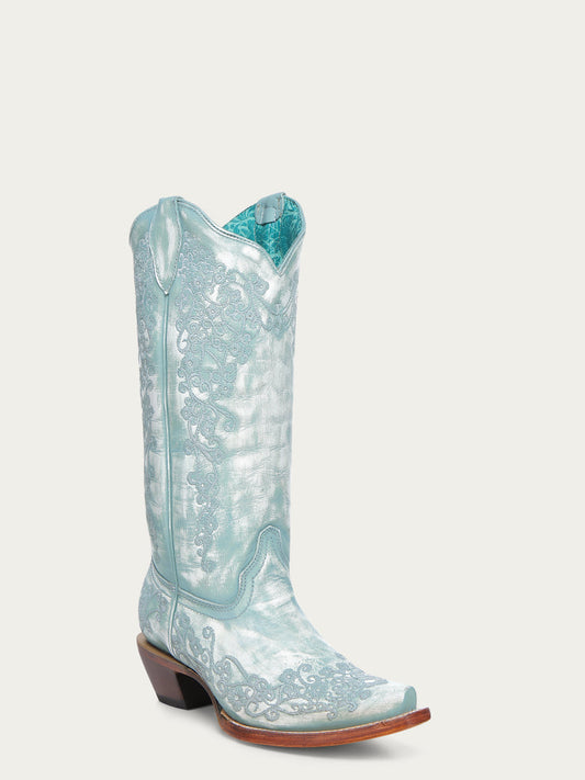 A4799 - WOMEN'S FLORAL EMBROIDERY FADED TURQUOISE SNIP TOE COWBOY BOOT