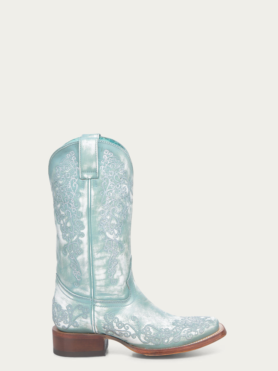 A4804 - WOMEN'S FLORAL EMBROIDERY FADED TURQUOISE SQUARE TOE COWBOY BOOT