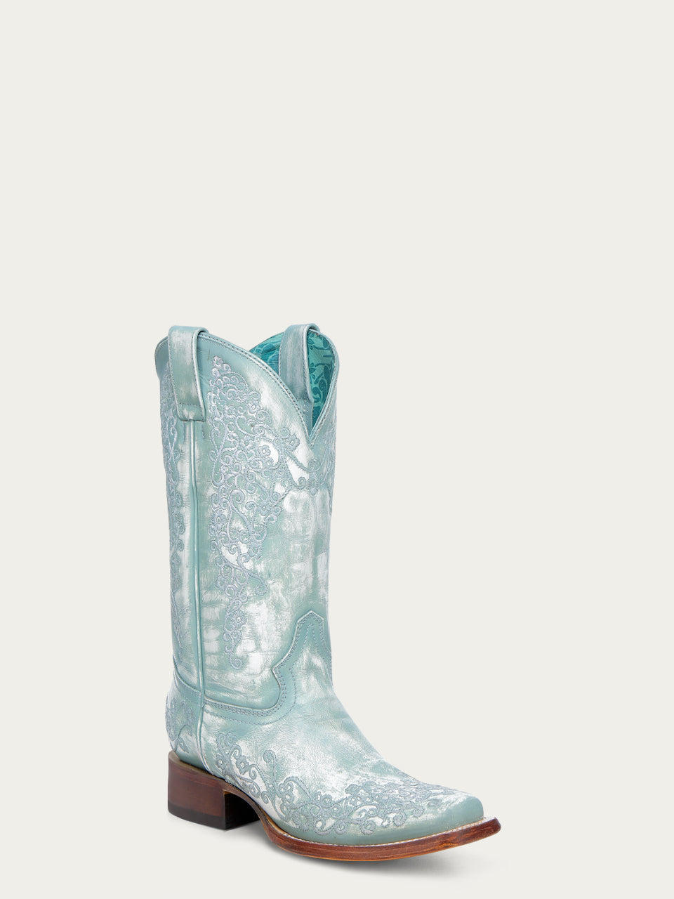 A4804 - WOMEN'S FLORAL EMBROIDERY FADED TURQUOISE SQUARE TOE COWBOY BOOT
