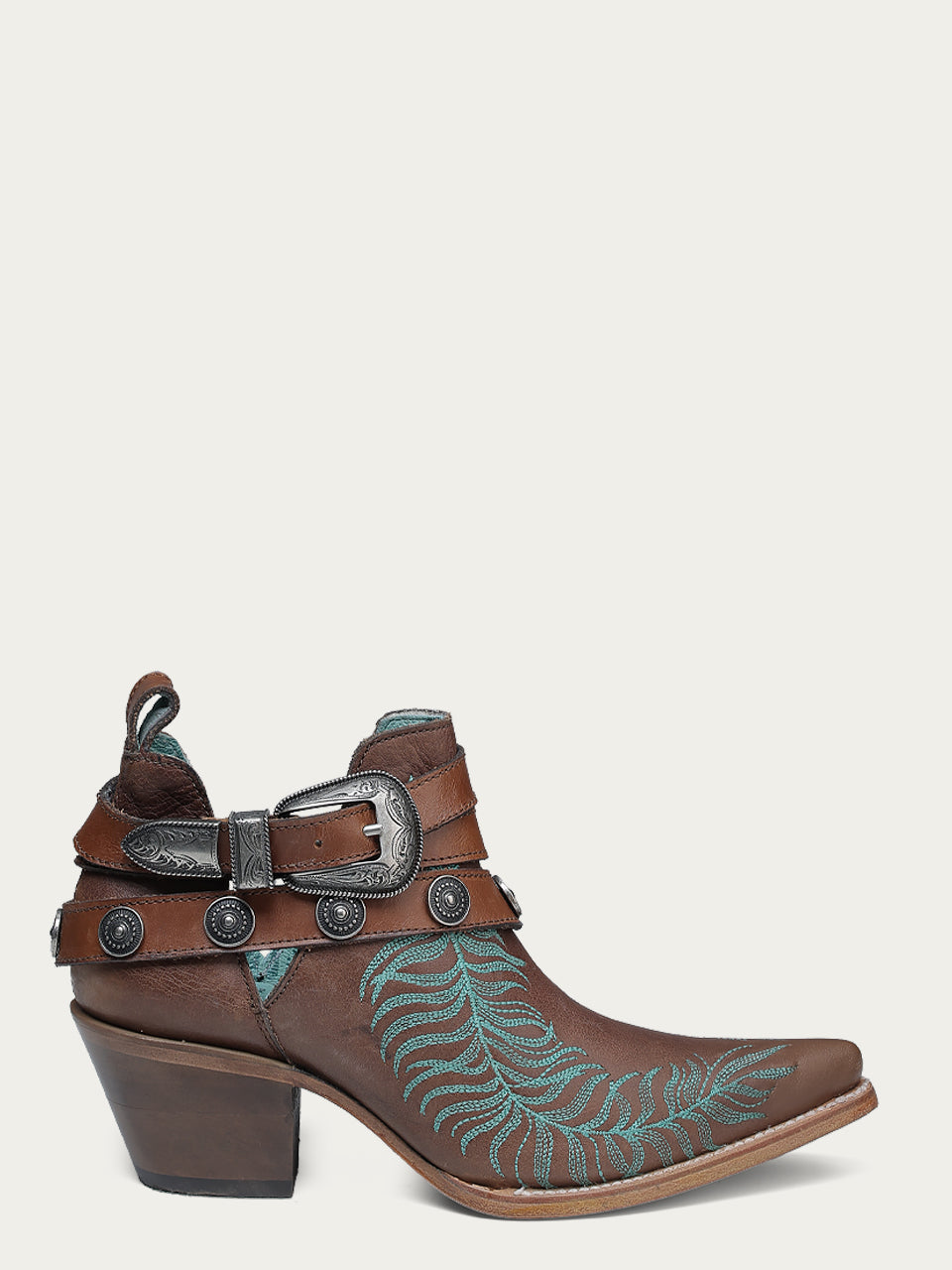 C4194 - WOMEN'S TURQUOISE EMBROIDERY, CONCHOS AND HARNESS ANKLE BROWN POINTED TOE COWBOY BOOT