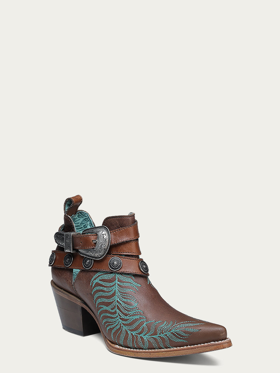 C4194 - WOMEN'S TURQUOISE EMBROIDERY, CONCHOS AND HARNESS ANKLE BROWN POINTED TOE COWBOY BOOT