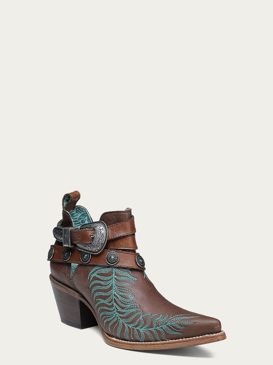 C4194 - WOMEN'S TURQUOISE EMBROIDERY, CONCHOS AND HARNESS ANKLE BROWN POINTED TOE COWBOY BOOT