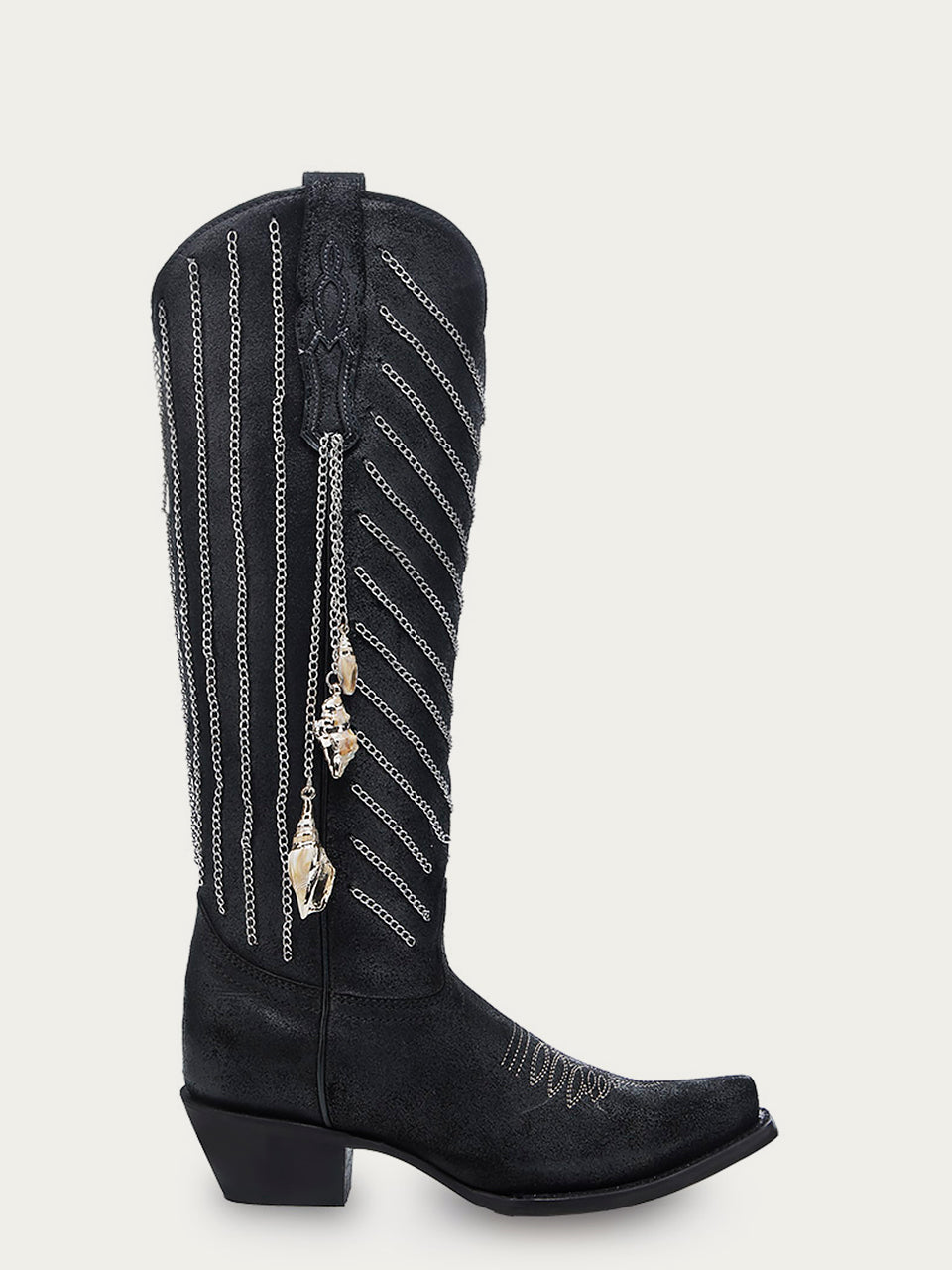 C4217 - WOMEN'S EMBROIDERY AND DELICATE CHAIN DETAILS WITH SHELL HANGING TALL TOP BLACK SNIP TOE COWBOY BOOT
