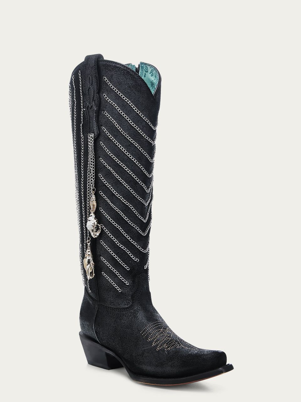 C4217 - WOMEN'S EMBROIDERY AND DELICATE CHAIN DETAILS WITH SHELL HANGING TALL TOP BLACK SNIP TOE COWBOY BOOT