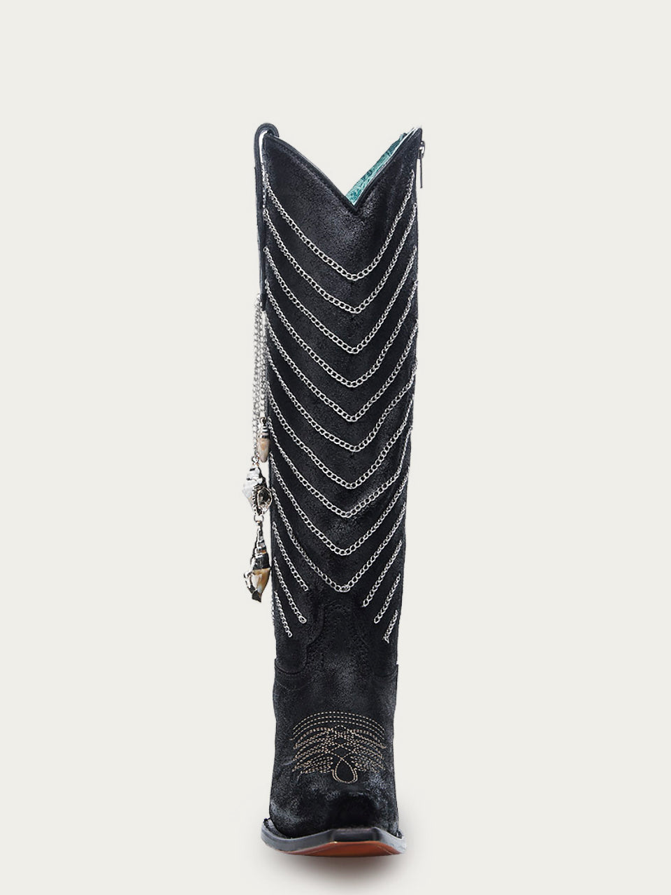 C4217 - WOMEN'S EMBROIDERY AND DELICATE CHAIN DETAILS WITH SHELL HANGING TALL TOP BLACK SNIP TOE COWBOY BOOT