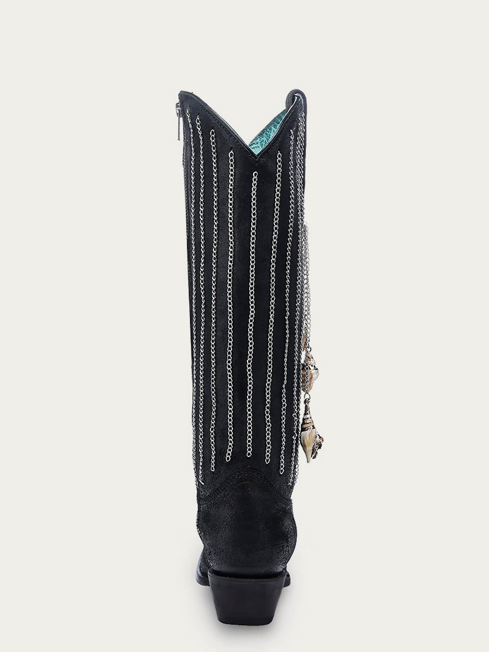 C4217 - WOMEN'S EMBROIDERY AND DELICATE CHAIN DETAILS WITH SHELL HANGING TALL TOP BLACK SNIP TOE COWBOY BOOT