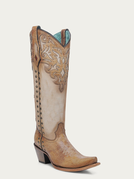 C4218 - WOMEN'S HONEY OVERLAY EMBROIDERY AND STUDS TALL TOP BONE SNIP TOE COWBOY BOOT