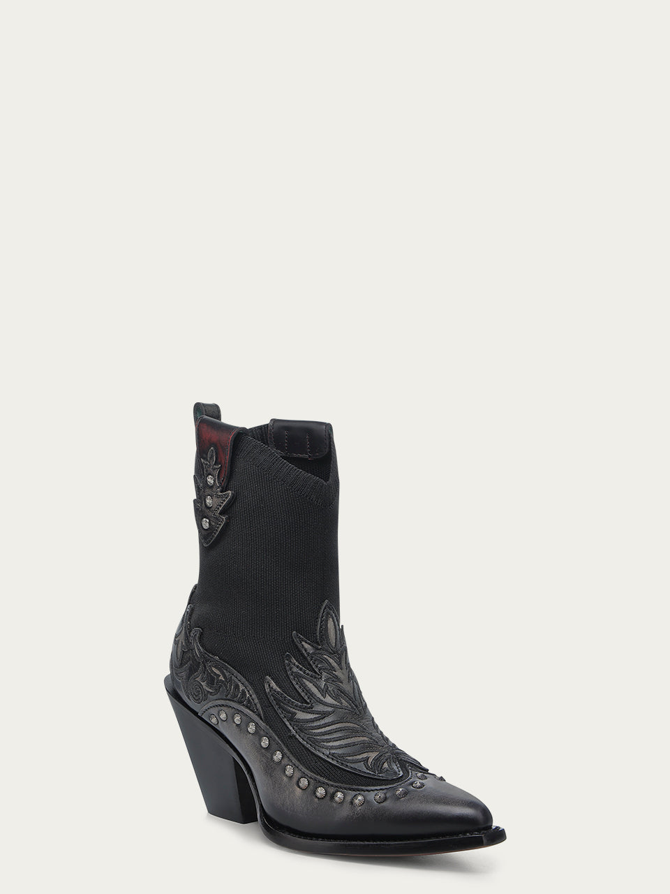 C4220 - WOMEN'S EMBOIDERY, OVERLAY AND STUDS BLACK ELASTIC TEXTILE SNIP TOE COWBOY BOOT