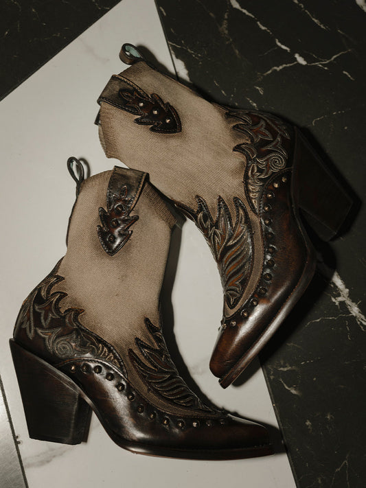 C4222 - WOMEN'S BROWN EMBROIDERY, OVERLAY AND STUDS BONE ELASTIC TEXTILE SNIP TOE COWBOY BOOT