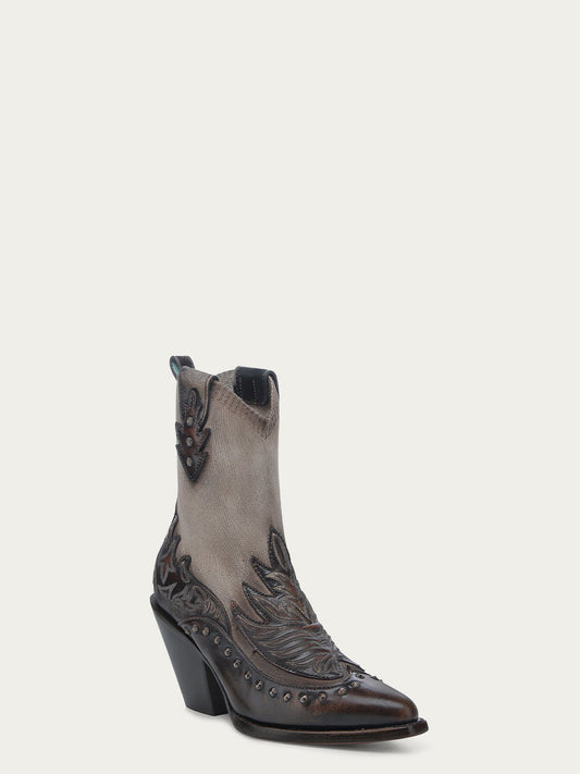 C4222 - WOMEN'S BROWN EMBROIDERY, OVERLAY AND STUDS BONE ELASTIC TEXTILE SNIP TOE COWBOY BOOT