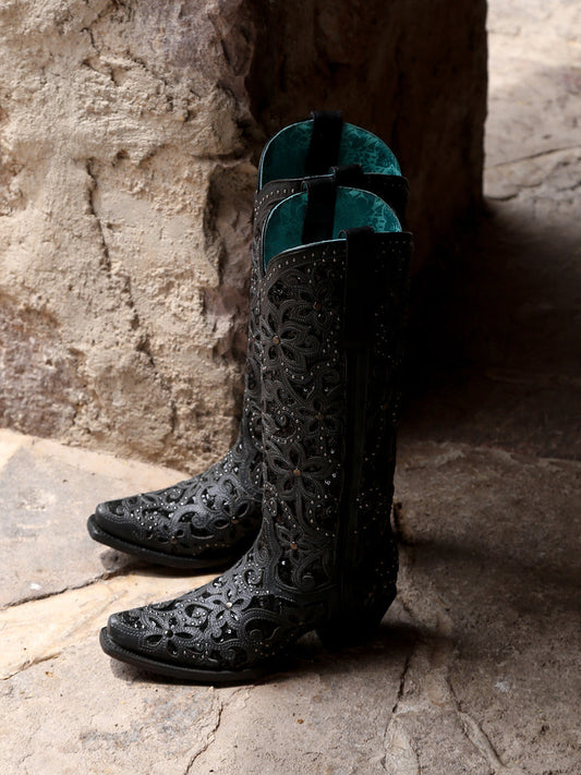 A3589 - WOMEN'S BLACK GLITTER INLAY FLORAL OVERLAY WITH CRYSTALS AND STUDS SNIP TOE TALL TOP BLACK COWBOY BOOT