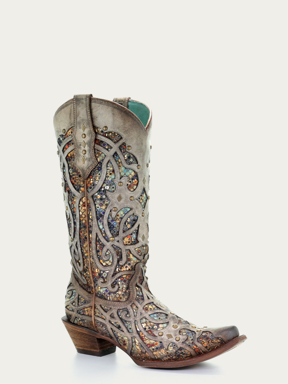 C3409 - WOMEN'S MULTICOLOR GLITTERED INLAY AND STUDS TAUPE SNIP TOE COWBOY BOOT