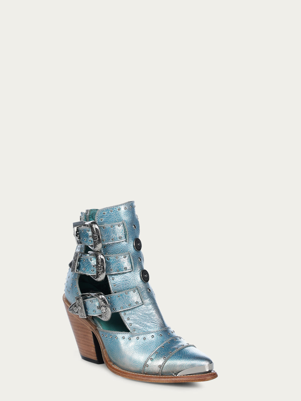 Z2028 - WOMEN'S SKY-BLUE METALIZED STRAPS AND STUDS POINTED TOE SHOE