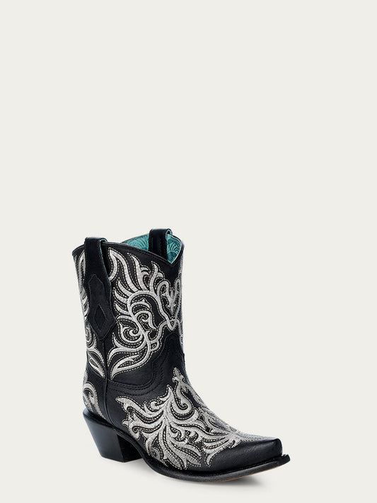 Z5305 - WOMEN'S WHITE EMBROIDERY BLACK ANKLE SNIP TOE COWBOY BOOT