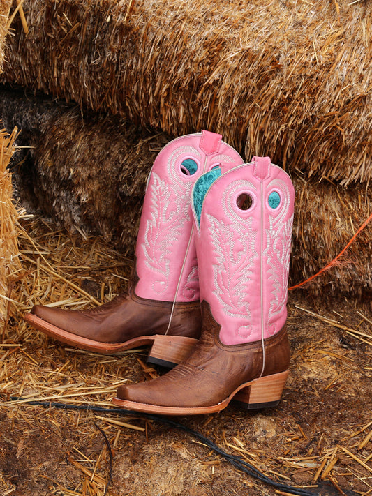 A4459 - WOMEN'S PINK GOAT EMBROIDERY BROWN SQUARE TOE COWBOY BOOT WITH PULL HOLES