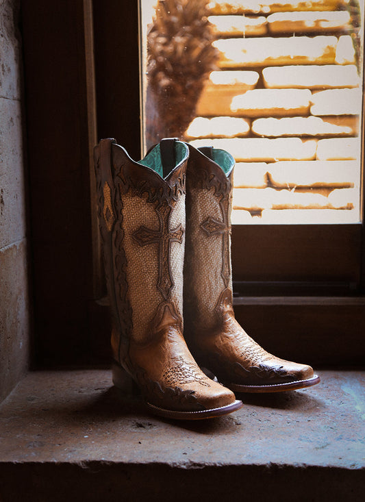 A4744 - WOMEN'S CROSS OVERLAY SAND JUTE WIDE SQUARE TOE COWBOY BOOT